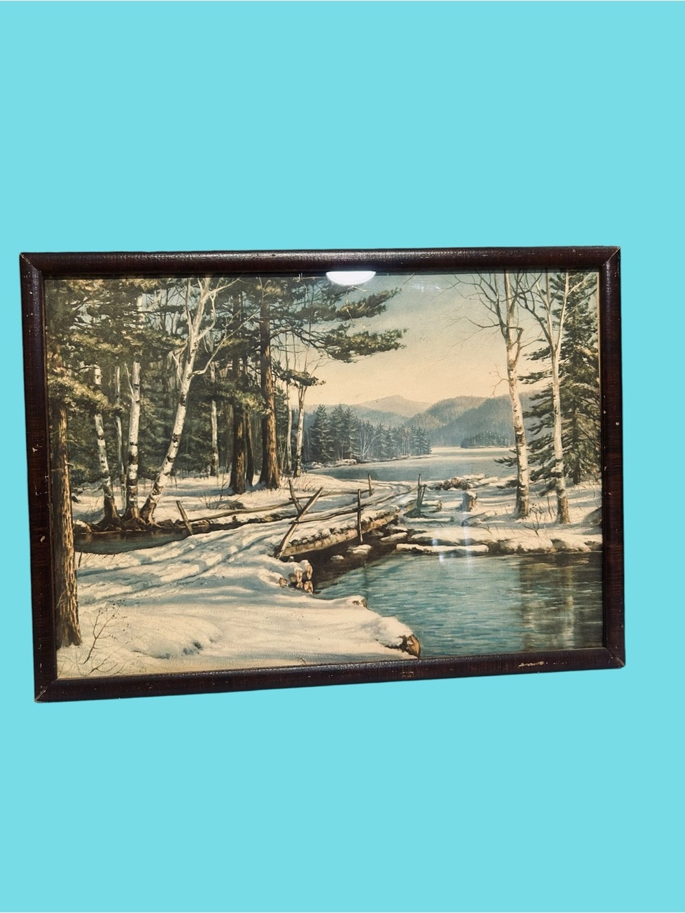 Vintage Winter Scene with Water and Bridge Litho Picture